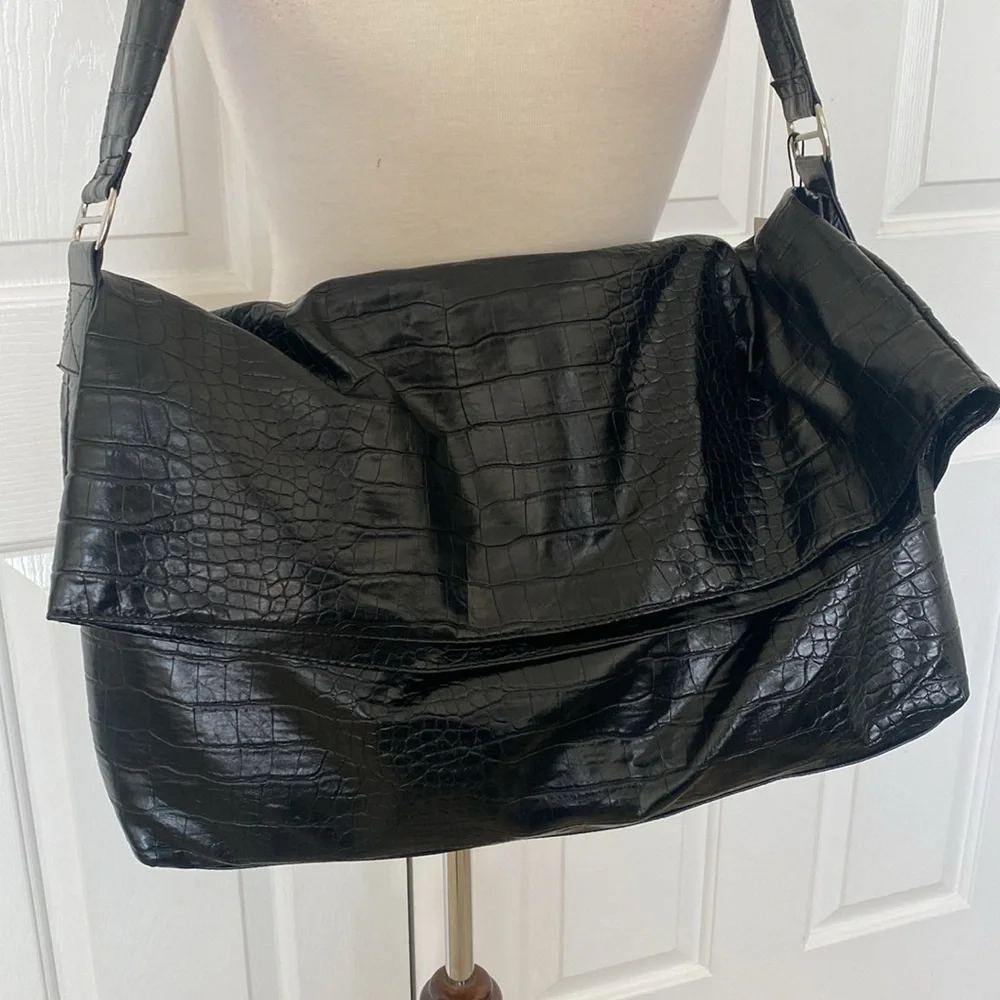 Zara Vegan Leather Black Croc Tote Bag New - Picture 2 of 11